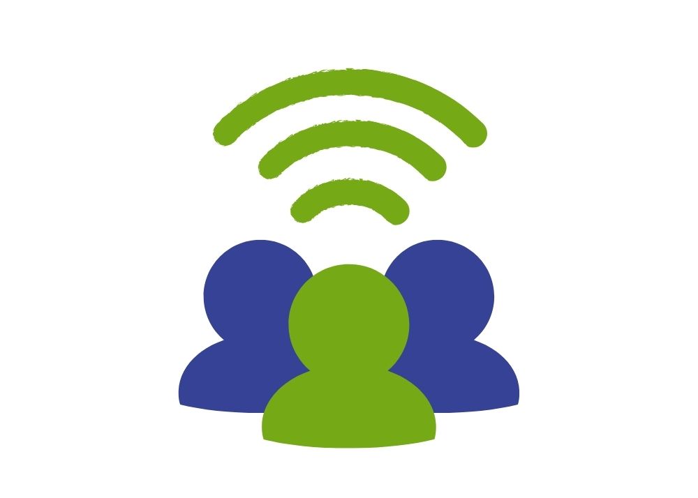  a group of three illustrated people, two blue and one green. above the green person is a green wifi connection symbol